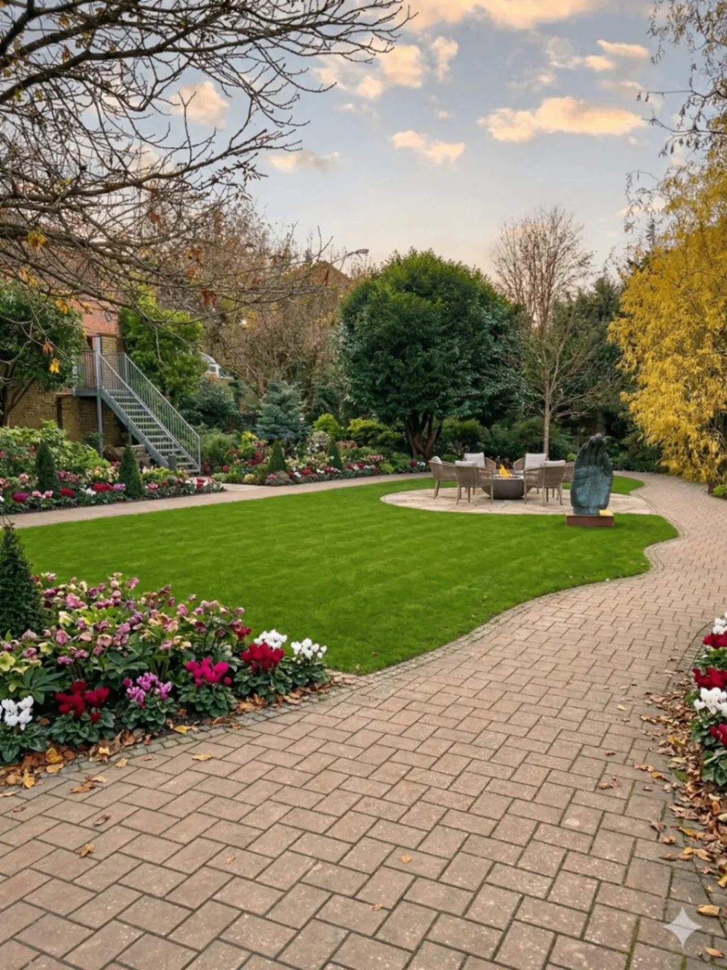 Gepflegter Garten mit Blumenbeeten und Sitzecke